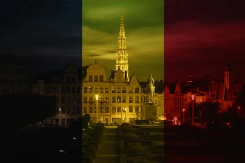 Flag of Belgium in minimalistic design composition skyline Brussels Stock Illustration