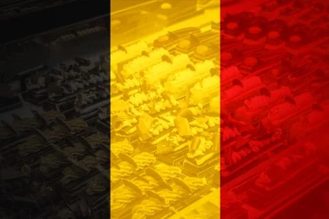 Flag of Belgium in minimalistic design composition pralines background Stock Illustration