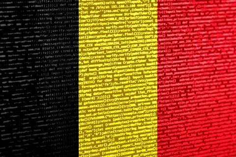 Flag of Belgium over digital code. Concept of cybersecurity, innovation, an.. Stock Photos