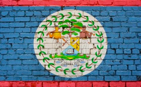 Flag of Belize painted on brick wall, background texture Stock Photos