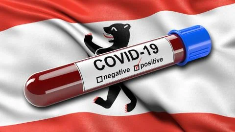 Flag of Berlin waving in the wind with a positive Covid-19 blood test tube. 3 Stock Illustration