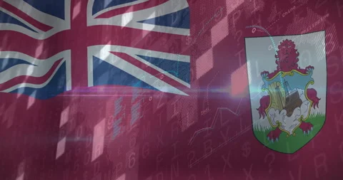 Flag of Bermuda waving under binary digits with light flares and dotted world Stock Footage 308676726