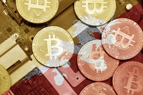 Flag of bhutan on the bitcoins with computer electronic circuit board backg.. Stock-Fotos