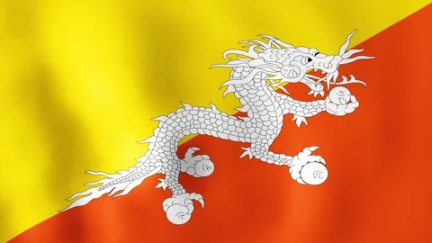Flag of Bhutan, featuring a white dragon holding jewels across Stock Footage 275581920