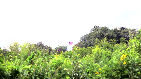 Flag Blowing in the wind seen from a distace then zoomed in Stock Footage 53834377
