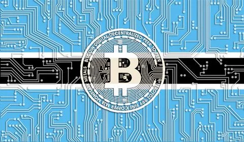 Flag of Botswana and bitcoin, Integrated Circuit Board pattern. Bitcoin Stock 스톡 일러스트