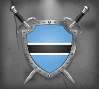 Flag of Botswana. The Shield with National Flag. Two Crossed Swords. Medieval Stock Illustration