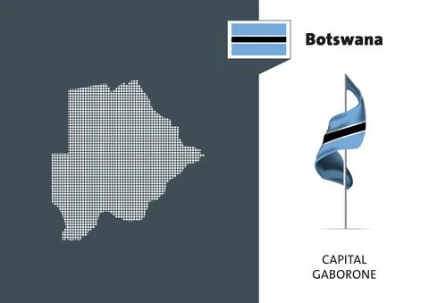 Flag of Botswana on white background. Dotted Map of Botswana with Capital name Stock Illustration