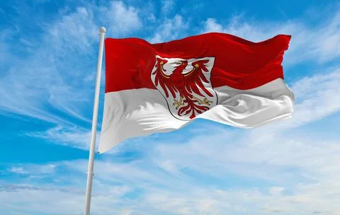 Flag of Brandenburg at cloudy sky background on sunset, panoramic view. Feder Stock Illustration