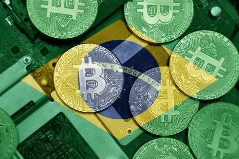 Flag of brazil on the bitcoins with computer electronic circuit board backgro Stock Photos