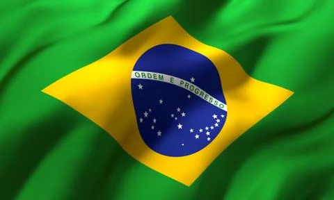 Flag of Brazil blowing in the wind. Full page Brazilian flying flag. 3D illus Stock Illustration