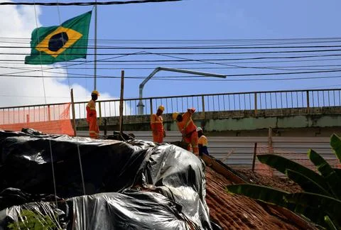  flag of brazil in construction of the metro Salvador, Bahia / Brazil - Ma... Stock Photos