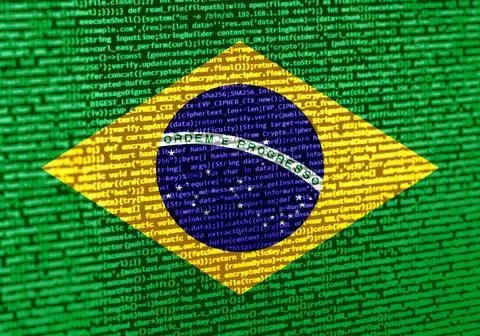Flag of Brazil over digital code. Concept of cybersecurity, innovation, and.. Foto stock