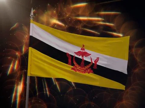 Flag of Brunei with fireworks display in the background Stock Illustration
