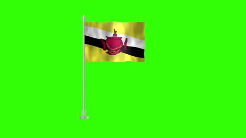 Flag of Brunei, Pole flag of Brunei on Green screen chroma key, Brunei 3D A.. Stockbeeldmateriaal 263980663