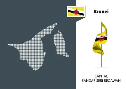Flag of Brunei on white background. Dotted map of Brunei Stockillustratie