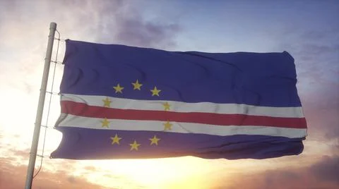 Flag of Cabo Verde waving in the wind, sky and sun background. 3d rendering Stock Illustration