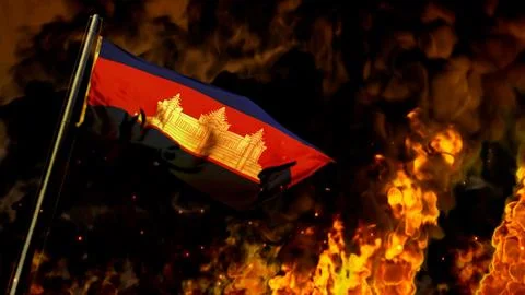 Flag of Cambodia on burning fire backdrop - hard times concept Stock Illustration