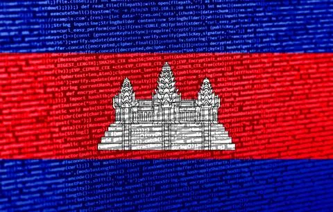 Flag of Cambodia over digital code. Concept of cybersecurity, innovation, a.. Illustration