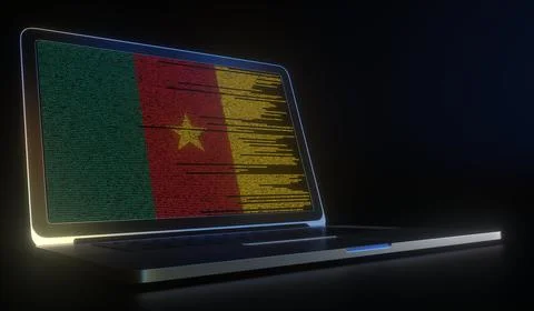 Flag of Cameroon made with computer code on the laptop screen. Hacking or 库存插图