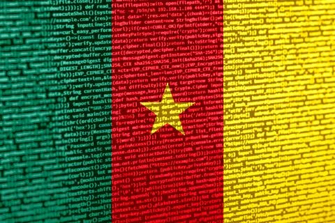 Flag of Cameroon over digital code. Concept of cybersecurity, innovation, a.. Illustration
