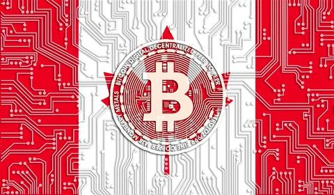Flag of Canada and bitcoin, Integrated Circuit Board pattern. Bitcoin Stock G イラスト素材