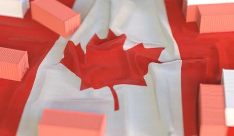 Flag of Canada and small cargo containers, export or import related 3D rendering Illustrazione stock