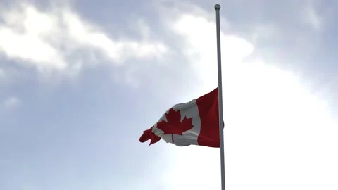 Flag of Canada half mast in the wind. High bitrate slow motion animation Stock Footage 219598042