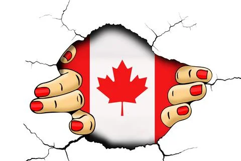 Flag of Canada in a hole in the wall close-up. Stock Illustration