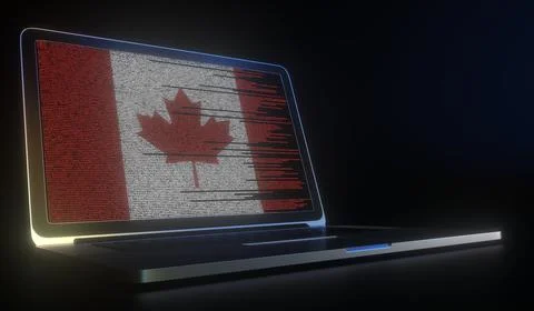Flag of Canada made with computer code on the laptop screen. Hacking or 스톡 일러스트