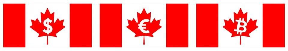 Flag of Canada, Maple leaf replaced with dollar, euro, bitcoin sign. Canadian 스톡 일러스트