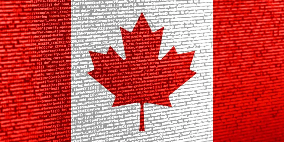 Flag of Canada over digital code. Concept of cybersecurity, innovation, and.. Illustration