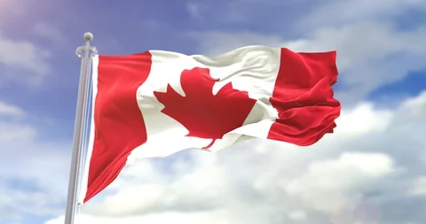 Flag Of Canada Sky Background. Canada Flag Wave Slow Motion And Loop 4K. 스톡 동영상 96415581