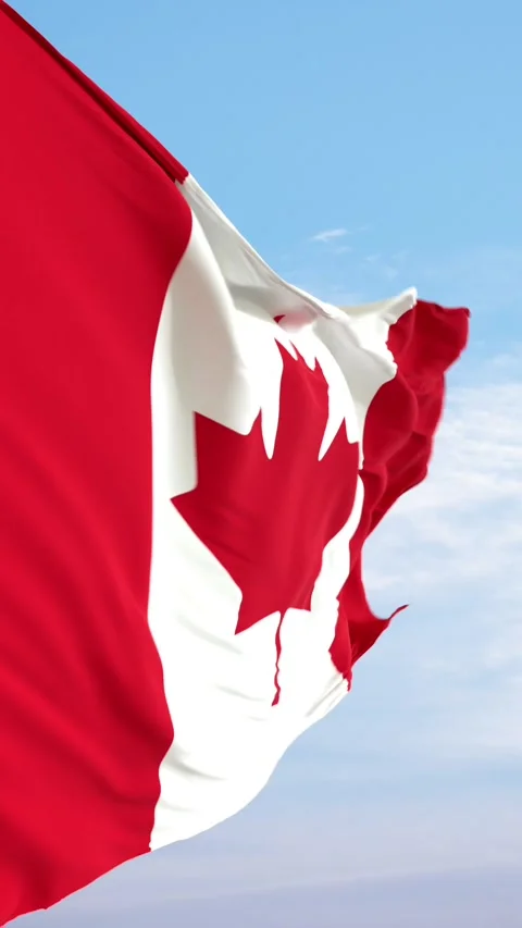 The flag of Canada waves in slow motion against a blue sky. 動画素材 330876718