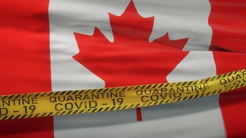 Flag of Canada waving on wind with Covid-19 quarantine tape Stock Footage 127742294