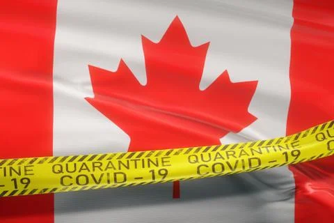 Flag of Canada waving on wind Covid-19 tape quarantine Stock Illustration
