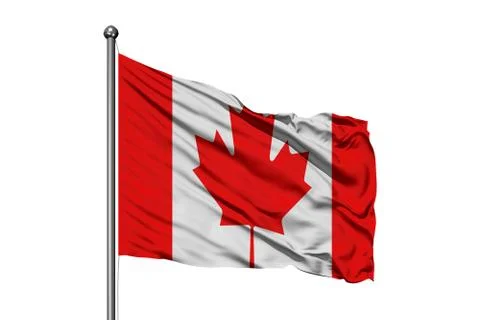 Flag of Canada waving in the wind, isolated white background. Canadian flag. Stock-Fotos