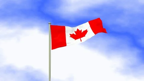 Flag of Canada waving in the wind with pole and blue sky background Stock Footage 124942852