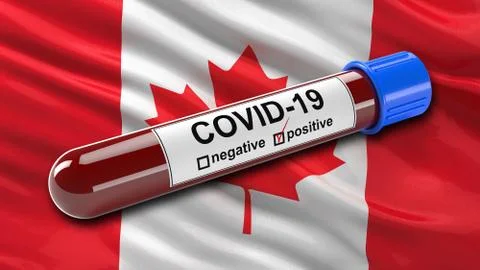 Flag of Canada waving in the wind with a positive Covid-19 blood test tube. 3 스톡 일러스트
