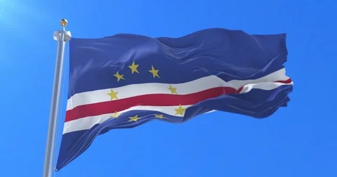 Flag of Cape Verde waving at wind in slow with blue sky, loop Stock Footage 81428844