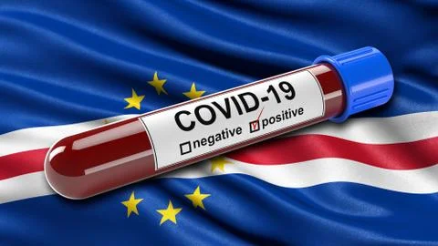 Flag of Cape Verde waving in the wind with a positive Covid-19 blood test tub イラスト素材