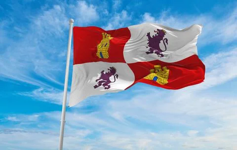 Flag of Castile and Leon , Spain at cloudy sky background on sunset, panorami Stock Illustration