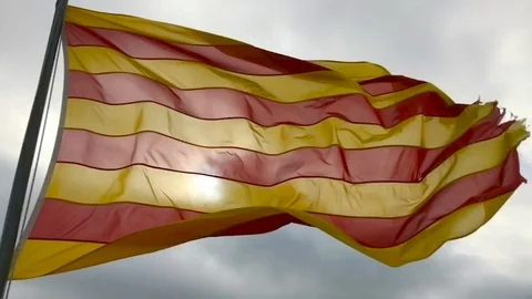 The flag of Catalonia develops against the sky. Stock Footage 118282894