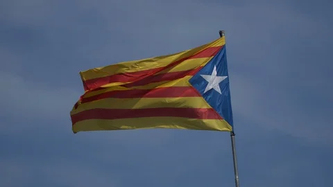 The flag of Catalonia waving in the wind on a background of blue sky. Stock-Footage 113099819