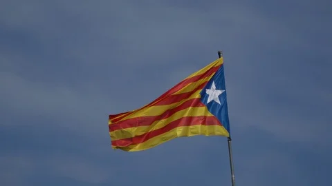 The flag of Catalonia waving in the wind on a background of blue sky. Stock Footage 113100064
