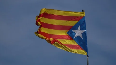 The flag of Catalonia waving in the wind on a background of blue sky. Stock Footage 113100593