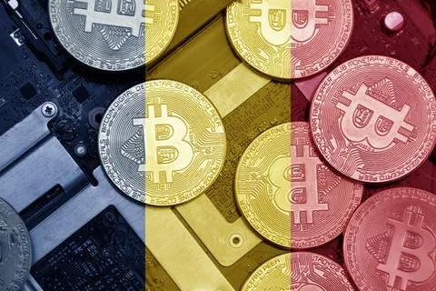 Flag of chad on the bitcoins with computer electronic circuit board backgroun Stock-Fotos