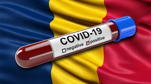 Flag of Chad waving in the wind with a positive Covid-19 blood test tube. 3D イラスト素材