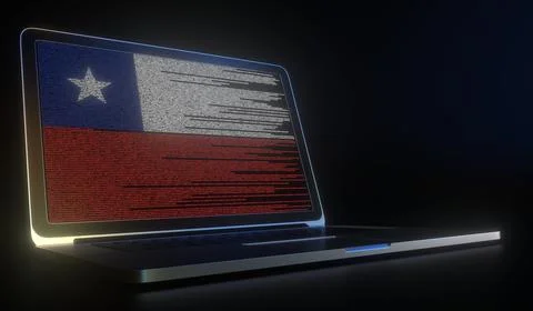 Flag of Chile made with computer code on the laptop screen. Hacking or 库存插图