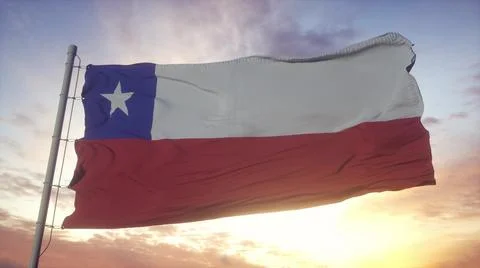 Flag of Chile waving in the wind, sky and sun background. 3d rendering Stock Illustration